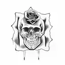 Skull with a bullet hole in the forehead a rose comes out of the bullet hole in the background are cannabis leaves and a tattoo design idea