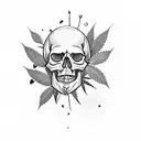 Skull with a bullet hole in the forehead a rose comes out of the bullet hole in the background are cannabis leaves and a tattoo design idea