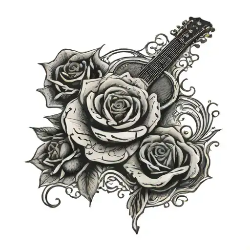 detailed black rose in the center Intricately weave a guitar into the left side  the top of a Jack Daniel's bottle into  tattoo design idea