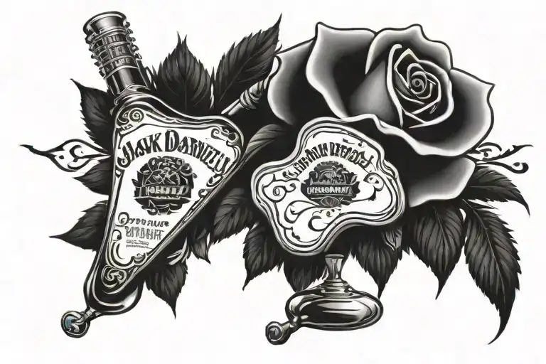 neck tattoo Center Piece 1.black rose Right Side Jack Daniel’s Bottle Daniel’s" should be visible Left Side Guitar tattoo design idea