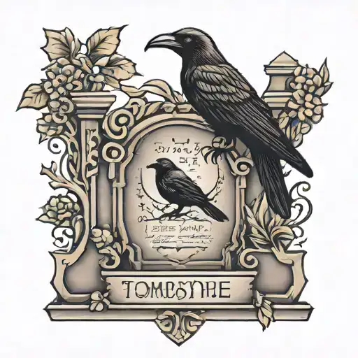 tombstone with words and crow perched tattoo design idea