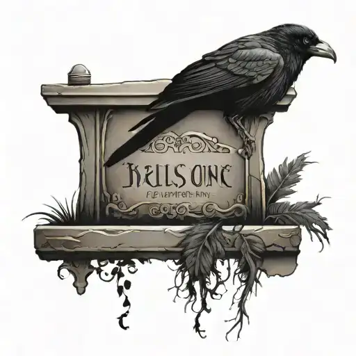 tombstone with words and crow perched tattoo design idea