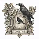 tombstone with words and crow perched tattoo design idea