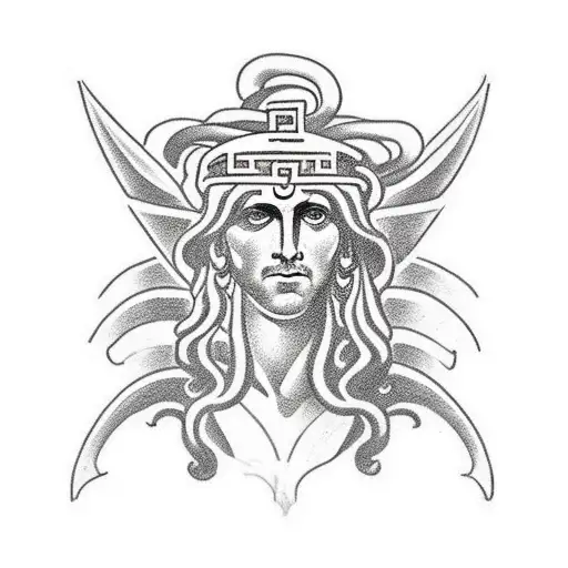 Greek temple from which a river of the underworld comes out with a charonte on it and Medusa tattoo design idea