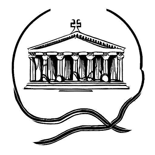 Greek temple from which a river of the underworld comes out with a charonte on it and Medusa tattoo design idea