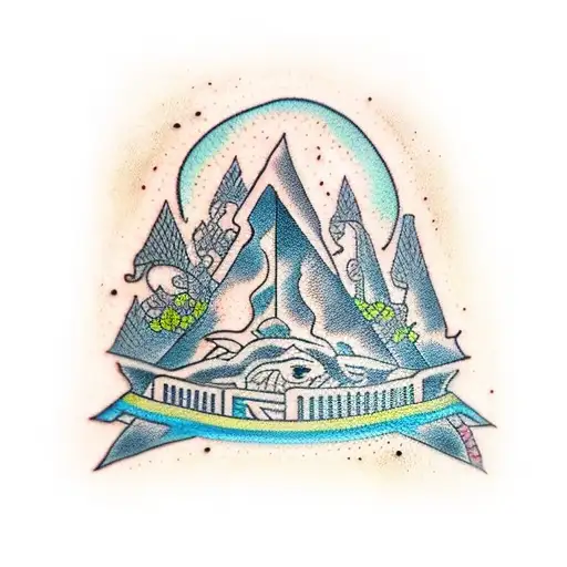 Greek temple with a river of the underworld tattoo design idea