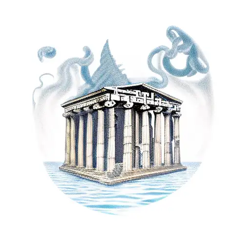 Greek temple from which a river of the underworld comes out with a charonte on it and Medusa tattoo design idea