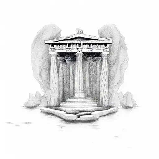 Greek temple from which a river of the underworld comes out with a charonte on it and Medusa tattoo design idea