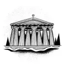 Greek temple from which a river of the underworld comes out with a charonte on it and Medusa tattoo design idea