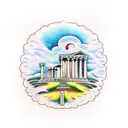 Greek temple with a river of the underworld tattoo design idea