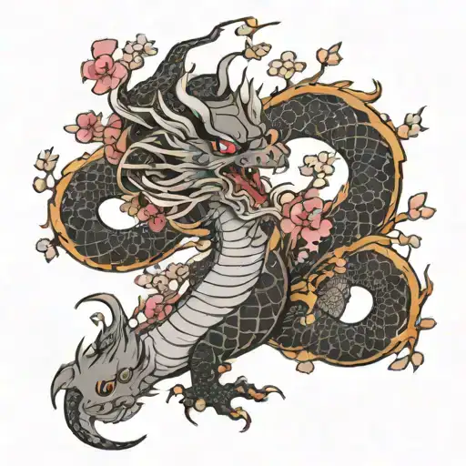 BLACK AND WHITE TATTOO OF A LONG AND NOT VERY THICK JAPANESE DRAGON WITH DETAILS OF CHERRY BLOSSOM BRANCHES tattoo design idea