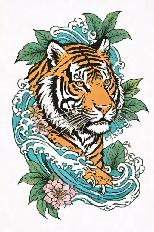 sea ​​waves, tropical plants and tiger with flowers tattoo design idea
