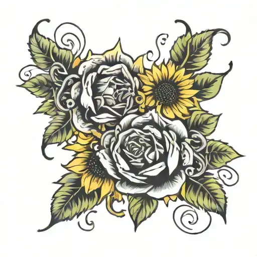 A black love themed tattoo incorporating sunflowers and roses, with music notes intertwined, inspired by new-school style tattoo design idea