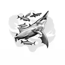 A police officer diving underwater with a shark swimming alongside tattoo design idea