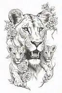 lioness and two cubs face only with flowers intertwined tattoo design idea