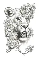 lioness and two cubs face only with flowers intertwined tattoo design idea