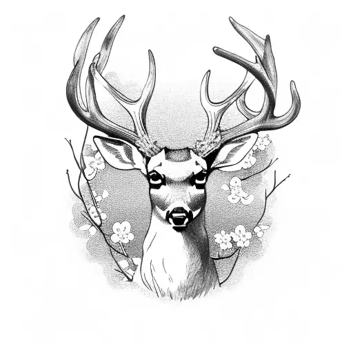 deer antlers with cherry blossoms tattoo design idea