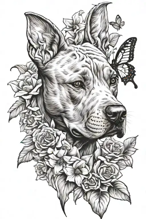 pitbull dog and boy and flowers and butterflies tattoo design idea