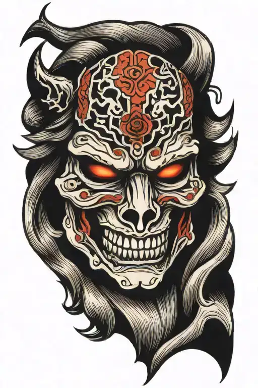 wolf, grim reaper, oni mask tattoo design idea