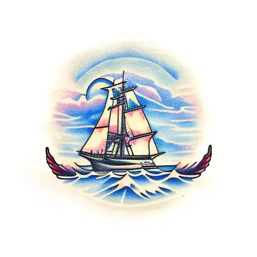 ship at sunset tattoo design idea