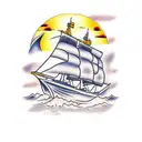 ship at sunset tattoo design idea