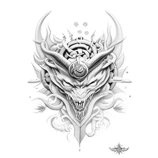 mythical creature battle with trash polka design tattoo design idea