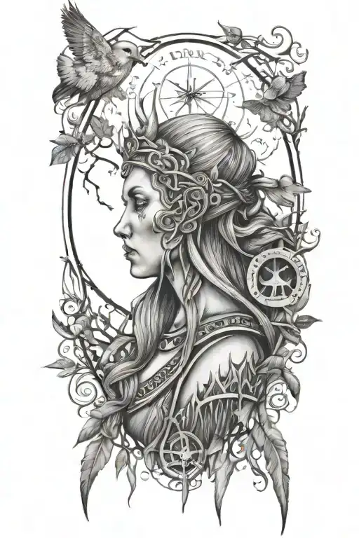 viking woman , skulls, mourning dove , trees, compass, forest, moon tattoo design idea