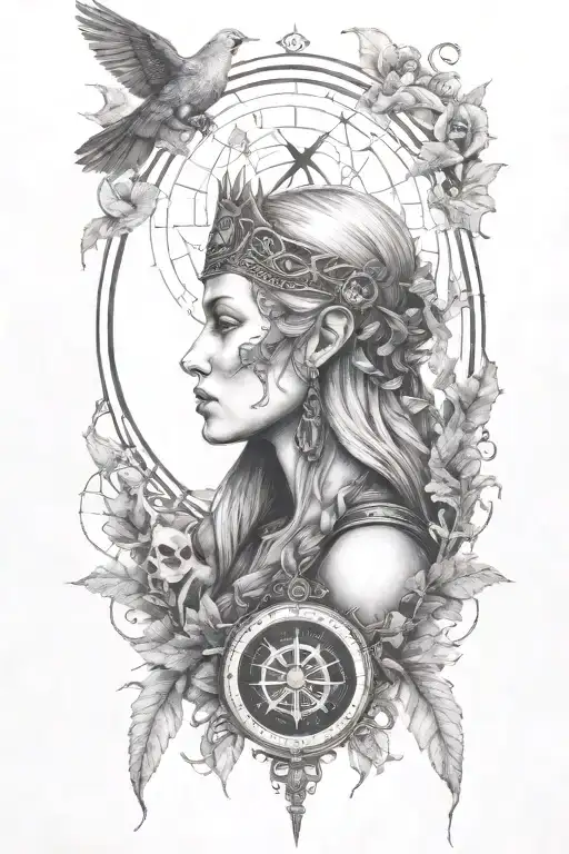 viking woman , skulls, mourning dove , trees, compass, forest, moon tattoo design idea