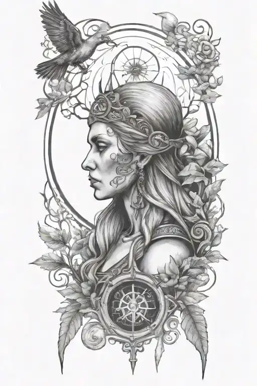 viking woman , skulls, mourning dove , trees, compass, forest, moon tattoo design idea