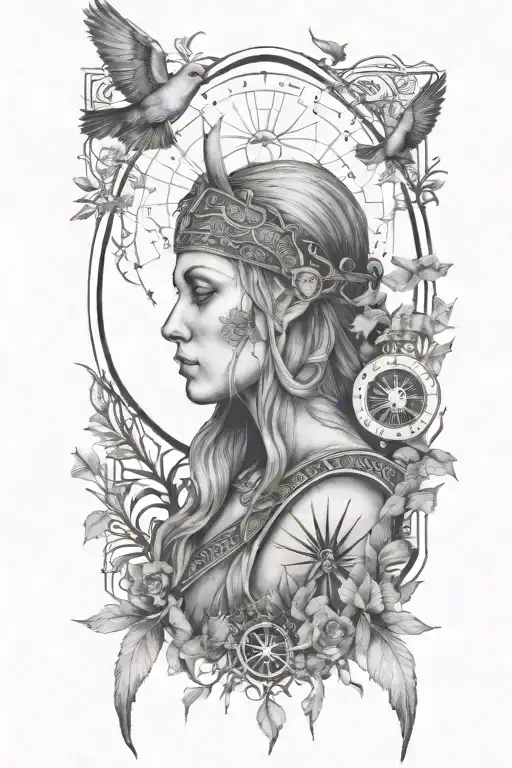 viking woman standing , skulls, mourning dove , trees, compass, forest, moon tattoo design idea