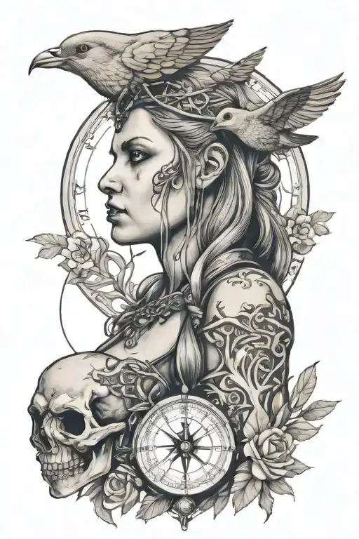 viking woman , skulls, mourning dove , trees, compass, tattoo design idea
