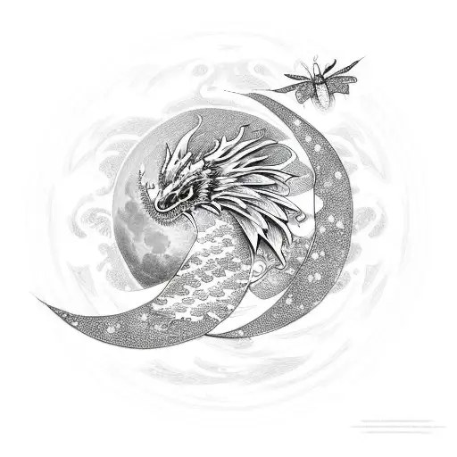 moon phoenix dragon flower butterfly  tattoo design idea