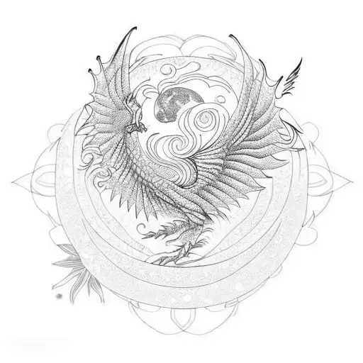 moon phoenix dragon flower butterfly  tattoo design idea