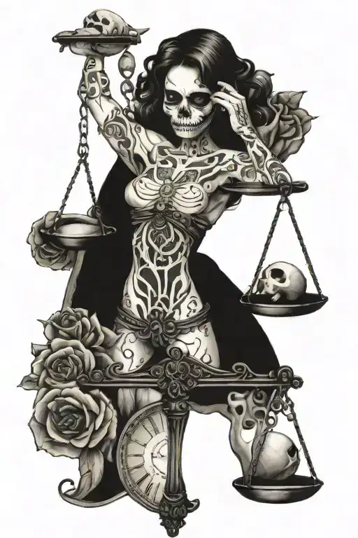 woman holding a balance scale in one hand with skull on balance scale and  flower on the balance scale  tattoo design idea