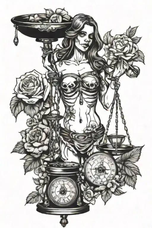 woman holding a balance scale in one hand with skull on balance and flowers on scale tattoo design idea