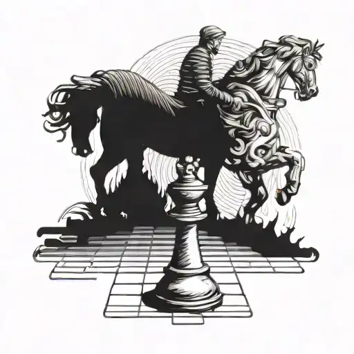 Chess piece black horse casts a shadow slightly blurred with a boy and an old person tattoo design idea