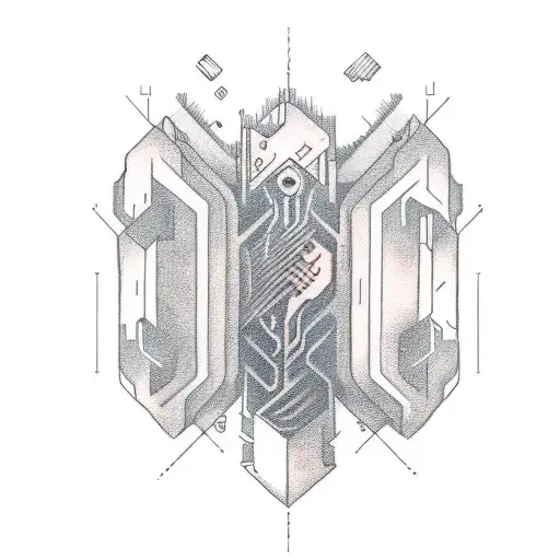 color sketch of a tattoo on the hand in the style of mechanics-bio with microelectronic components tattoo design idea