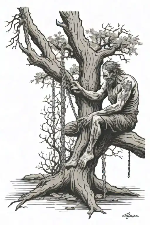 large dry tree. There is a noose hanging on a branch and a man in the noose. a man balances on a stool. Death with a scy tattoo design idea