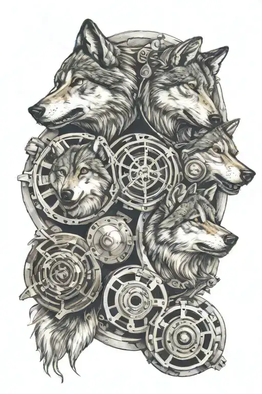 five Wolf in film reel tattoo design idea