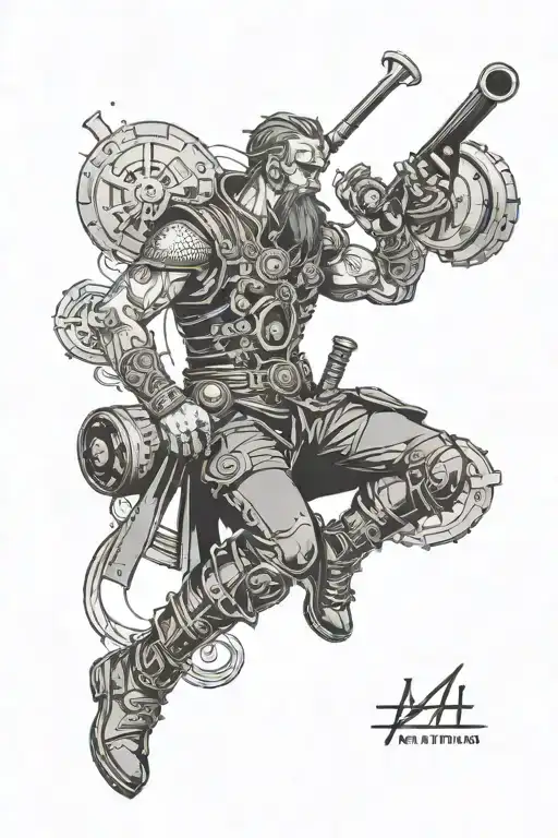 A steampunk-inspired pipefitter character with Norse symbols incorporated into the design tattoo design idea