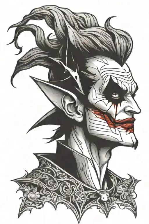 A Norse mythology inspired tattoo featuring a joker character in blackwork style tattoo design idea