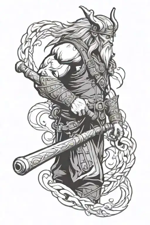 A pipefitter wielding a mythical Norse weapon in black-grey style tattoo design idea
