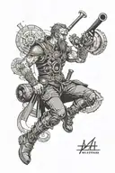 A steampunk-inspired pipefitter character with Norse symbols incorporated into the design tattoo design idea