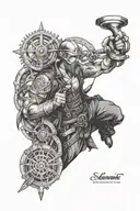 A steampunk-inspired pipefitter character with Norse symbols incorporated into the design tattoo design idea
