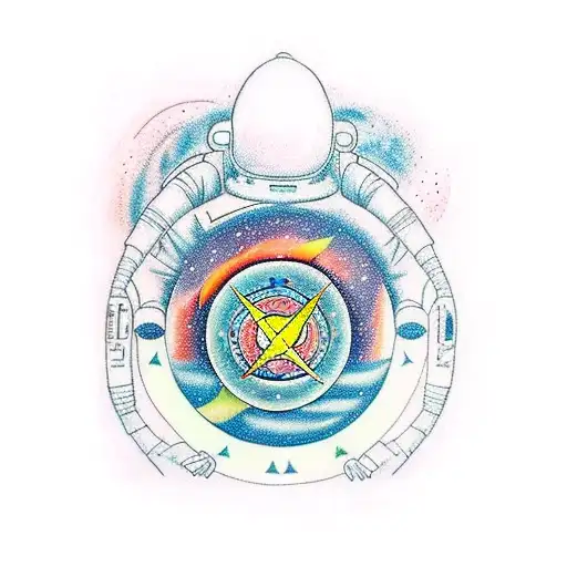 Astronauta flotando en el espacio con 7 planetas, cada planeta es uno de los 7 chakras tattoo design idea