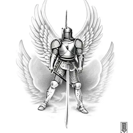muscled knight with angel wings and holding a sword. guarding the heavens tattoo design idea