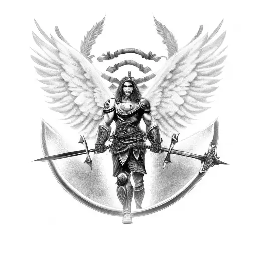 muscled warrior with angel wings and holding a sword and shield tattoo design idea