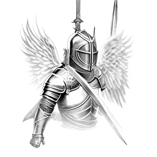 knight with muscles, angel wings and holding a sword. guarding the heavens tattoo design idea