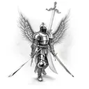 muscled knight with angel wings and holding a sword. guarding the heavens tattoo design idea