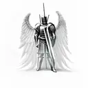muscled knight with angel wings and holding a sword. guarding the heavens tattoo design idea